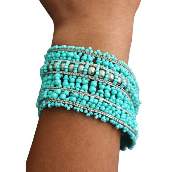 Vintage Jewelry - Vintage Turquoise Stacked Layered Beads Bracelet Wide Boho Western Silver Multi